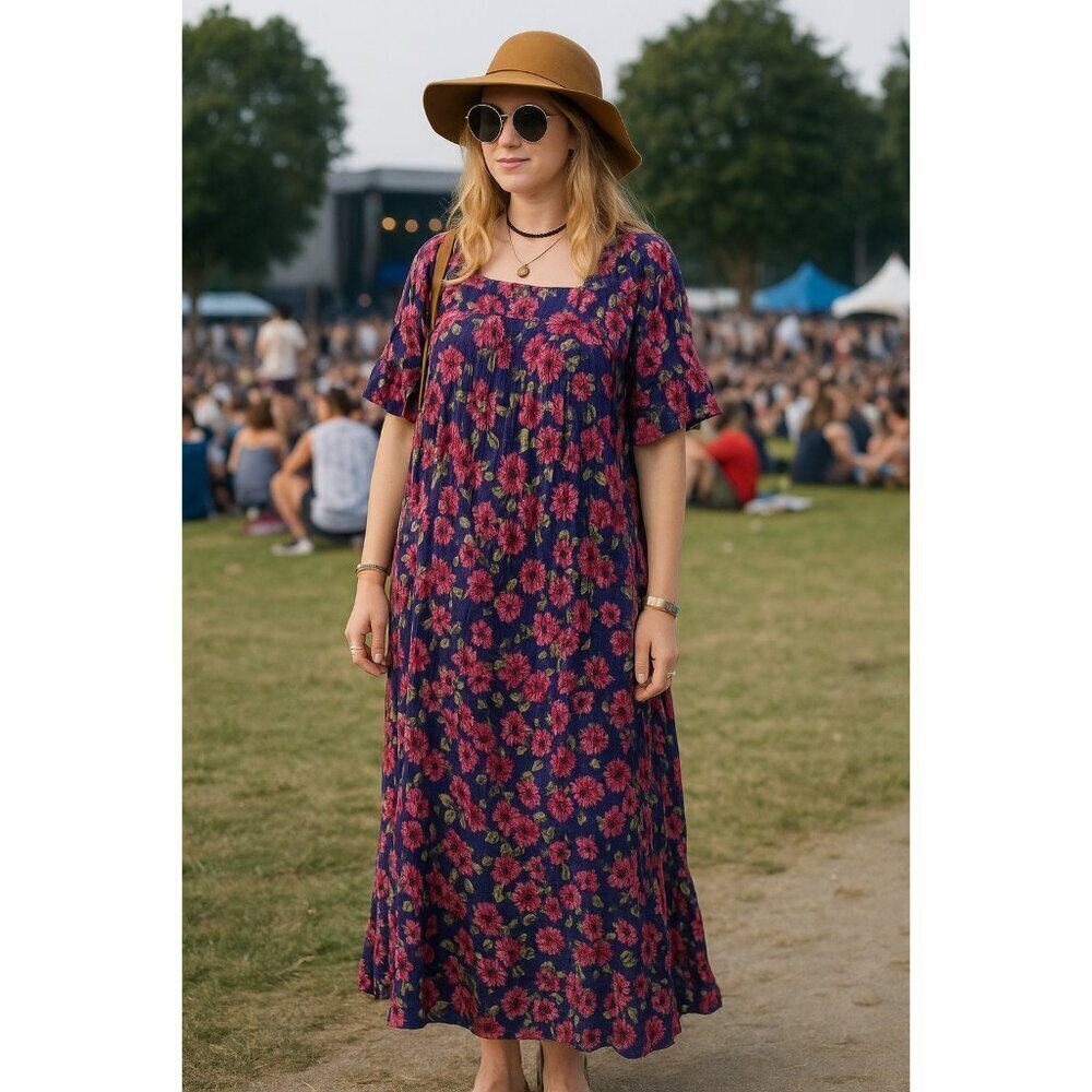 Patchouli 100% Cotton Floral Boho Cottagecore Gypsy Festival Vintage Dress Sz M